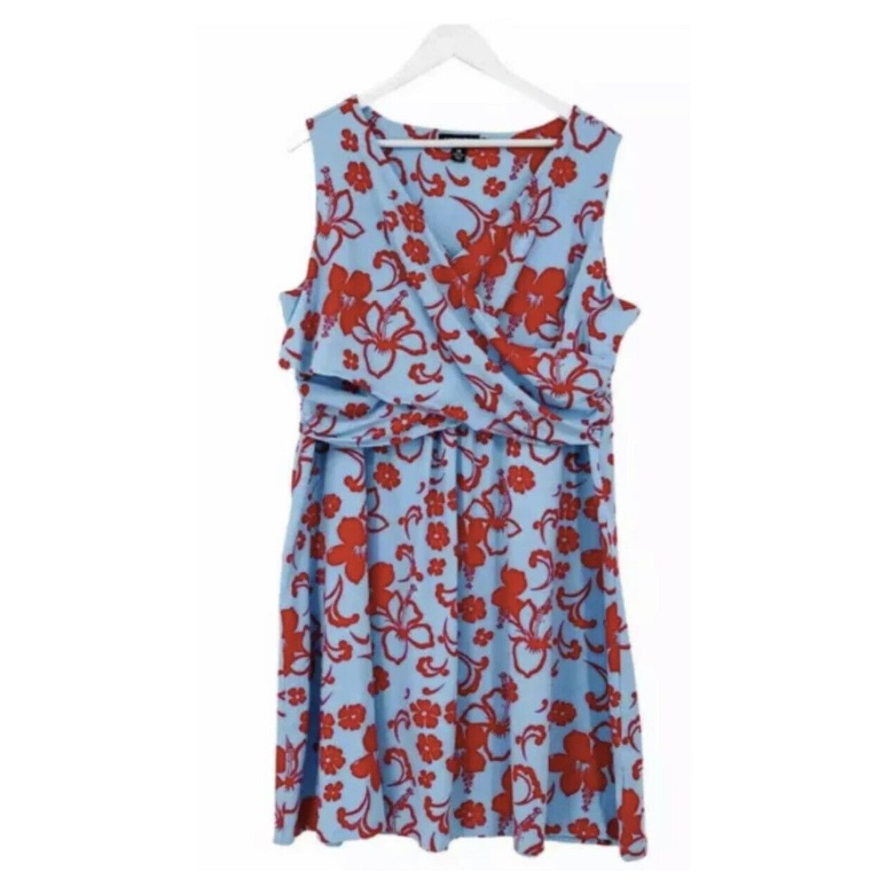 Lands’ End 14-16 Blue Red Floral Faux Wrap Dress Hawaiian Sleeveless W29
